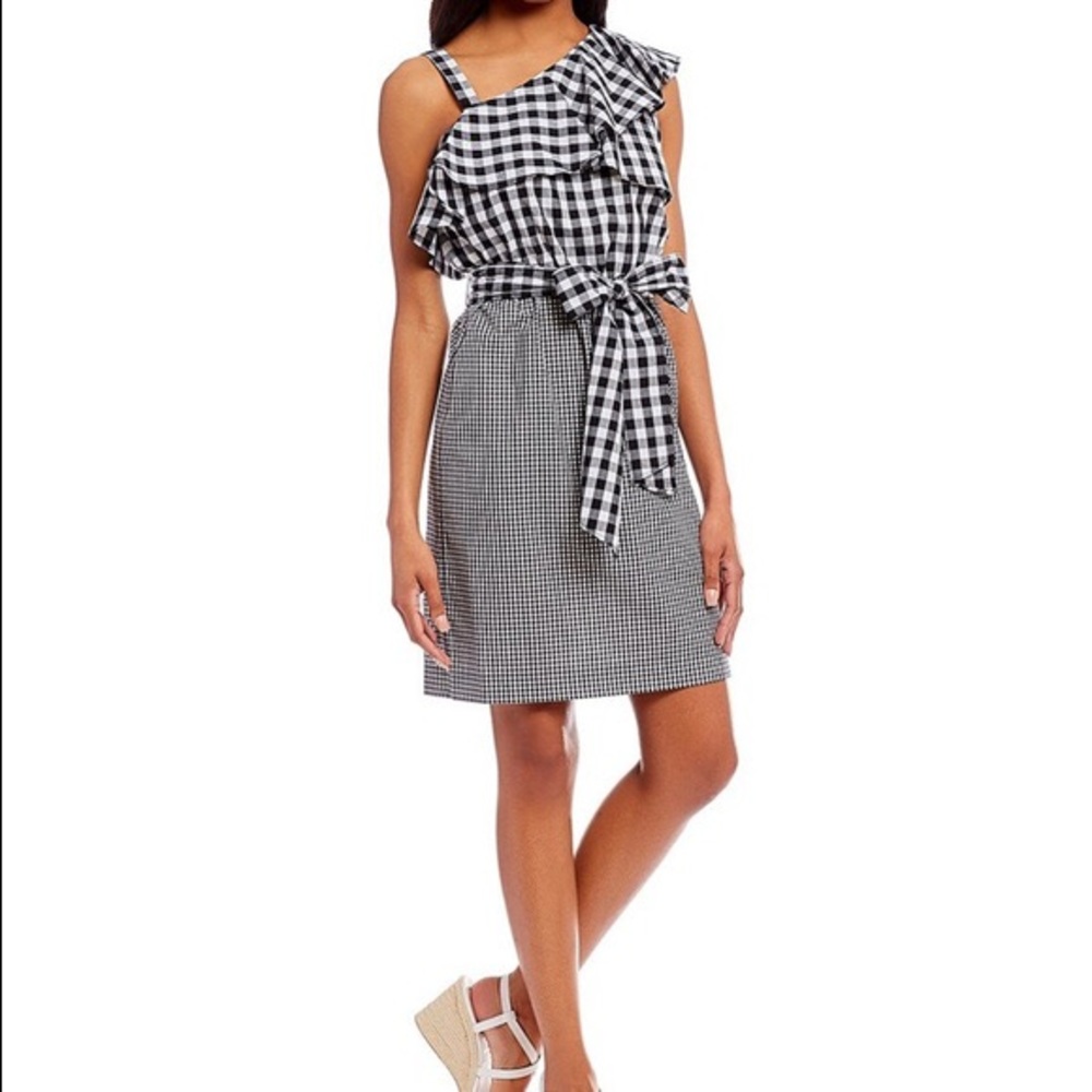 Calvin Klein One Shoulder Flounce Gingham Dress 8